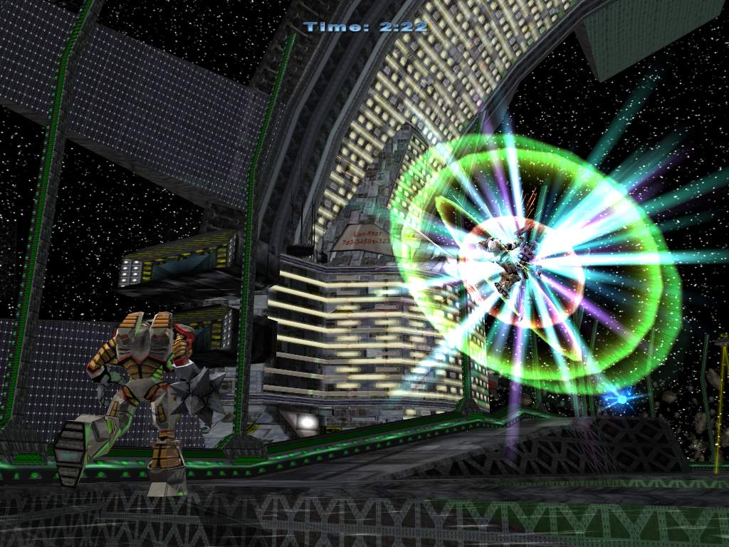 Robots trading attacks inside a futuristic space station